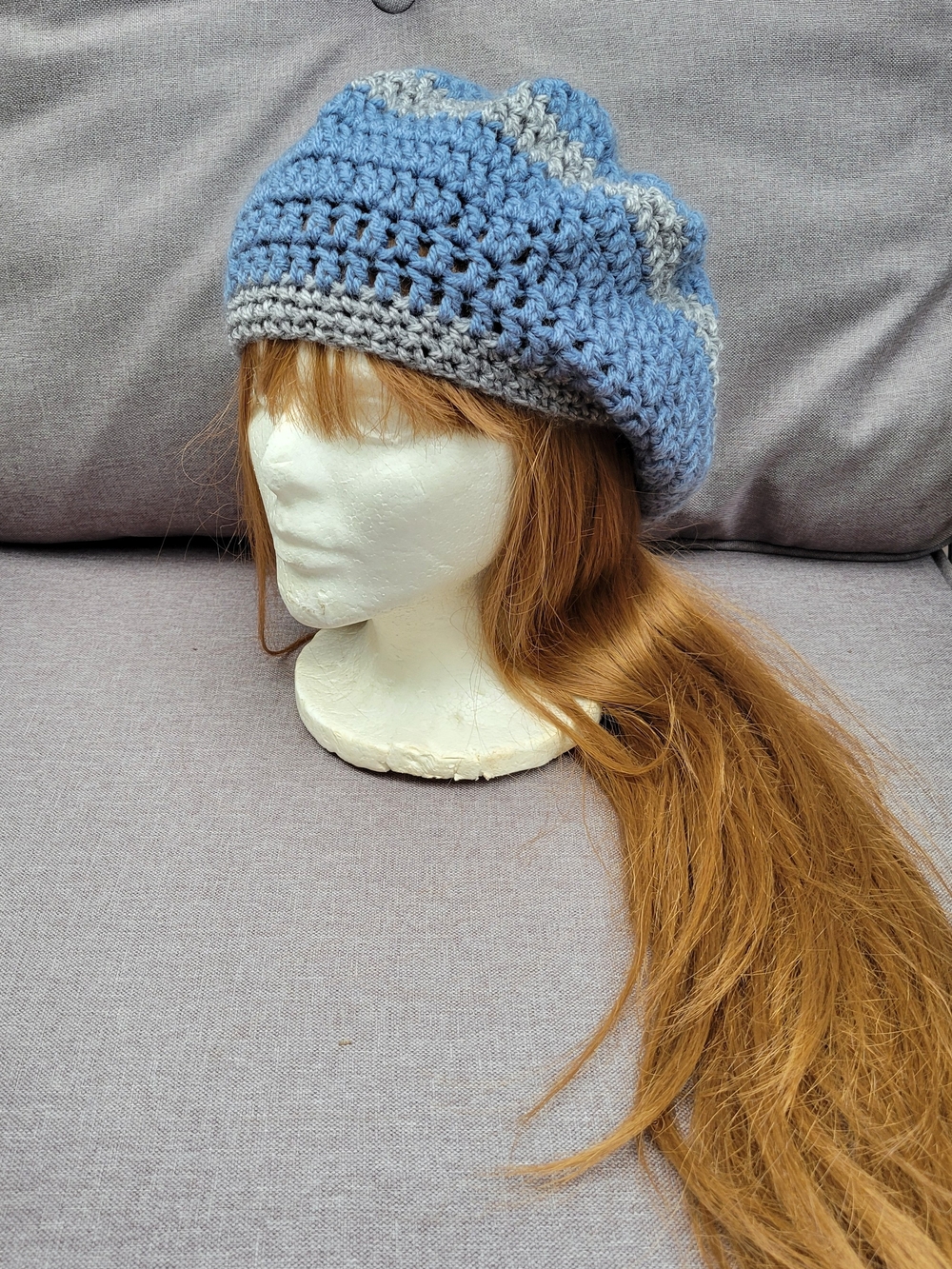 Handmade Blue And Gray Crochet Slouchy/Beret Hat